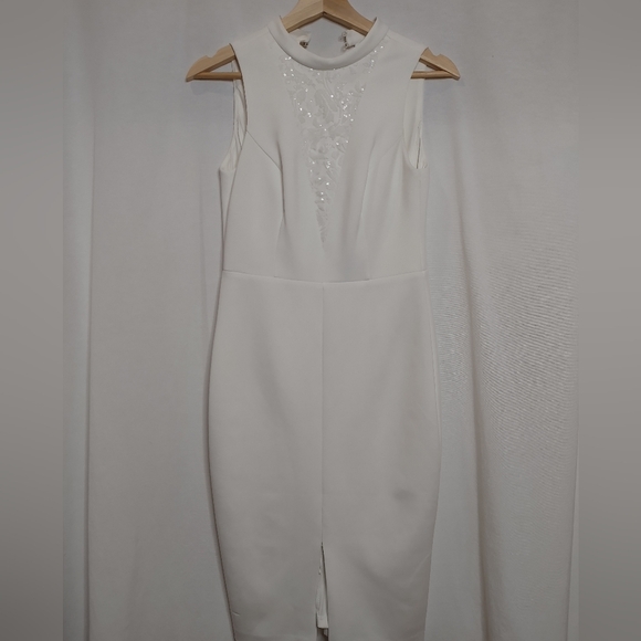Guess High Neck Sleeveless Pencil Dress Ivory Off White Scuba Knit Sequin Size 4 - Picture 2 of 15